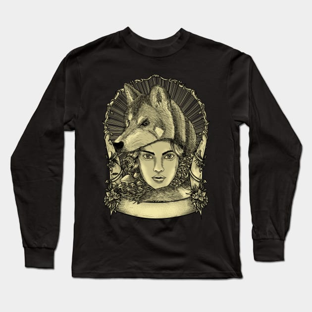 Wolf and Woman Long Sleeve T-Shirt by Riandrong's Printed Supply 